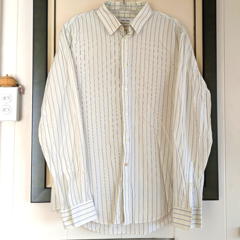 Calvin Klein Extreme Slim Fit Long sleeve shirt size 16x34/35 wht/blk/yllw Strip